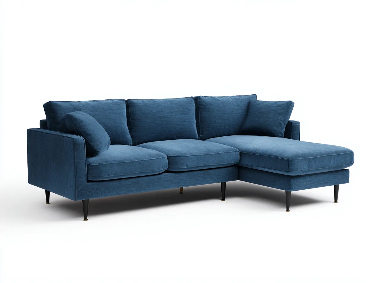 Divano angolare 238×150×84 cm - tessuto blu e metallo nero - design contemporaneo per soggiorno