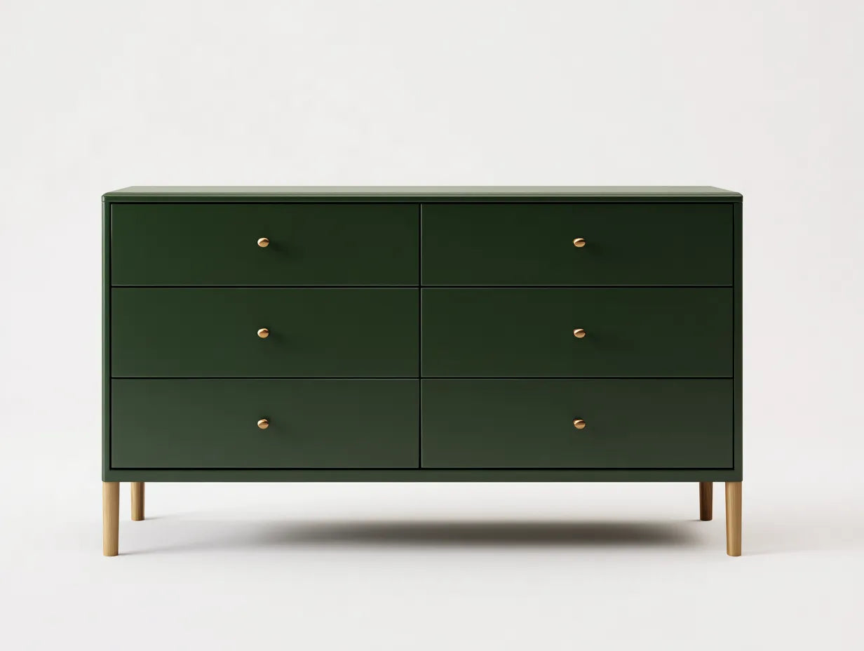 Cassettiera in legno 145×45×82 cm - verde scuro e oro - contenitore moderno per camera da letto