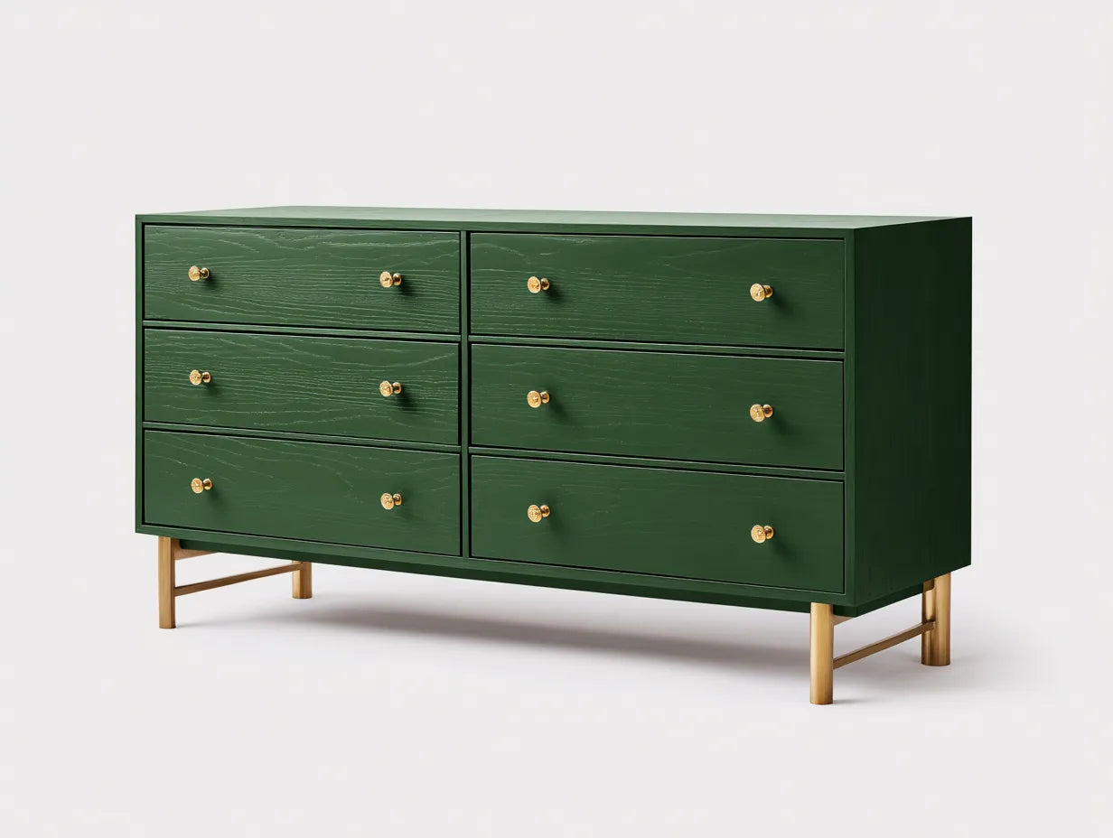 Cassettiera da camera in legno 160×48×82 cm - verde scuro e legno naturale - contenitore contemporaneo