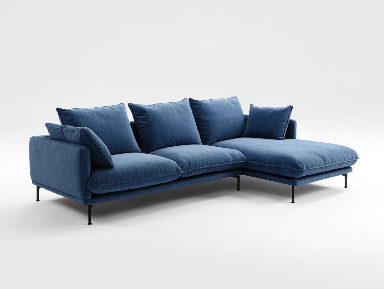 Divano angolare da soggiorno in tessuto blu 285×170×82 cm – stile moderno – seduta chaise longue